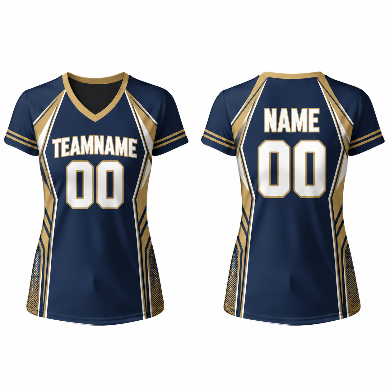 Damen V-Ausschnitt Kurzarm Trikot in Navy und Gold - Fußball Trainingsjersey