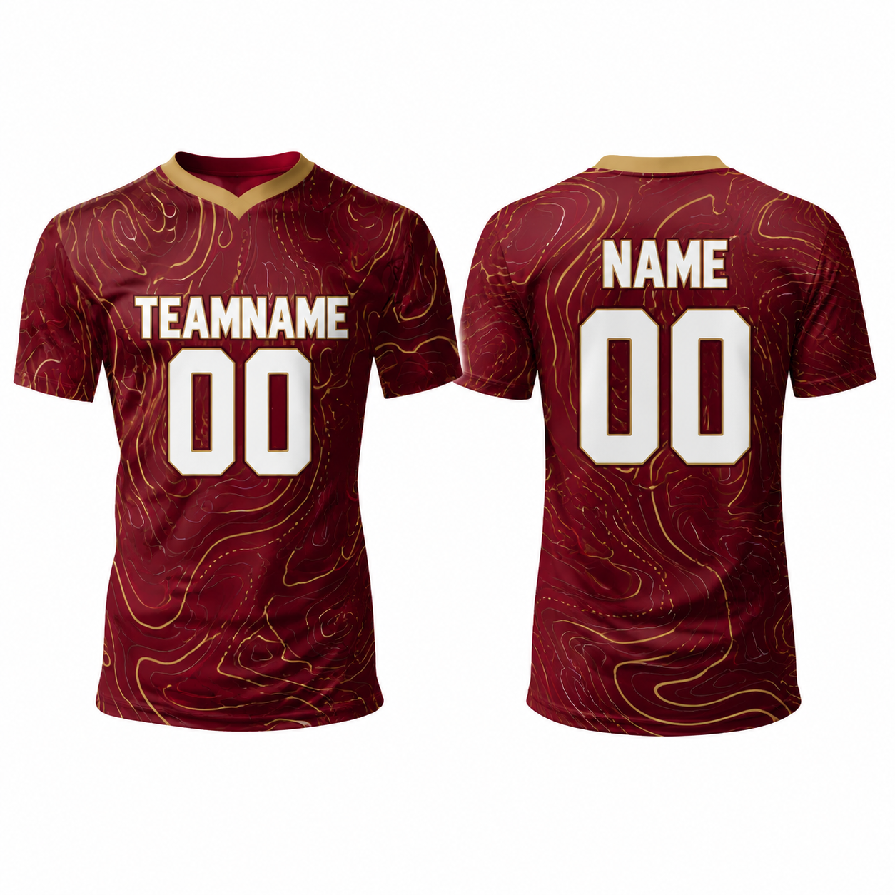 V-Ausschnitt Kurzarm Fußball Trikot mit Topographie-Muster in Maroon und Gold