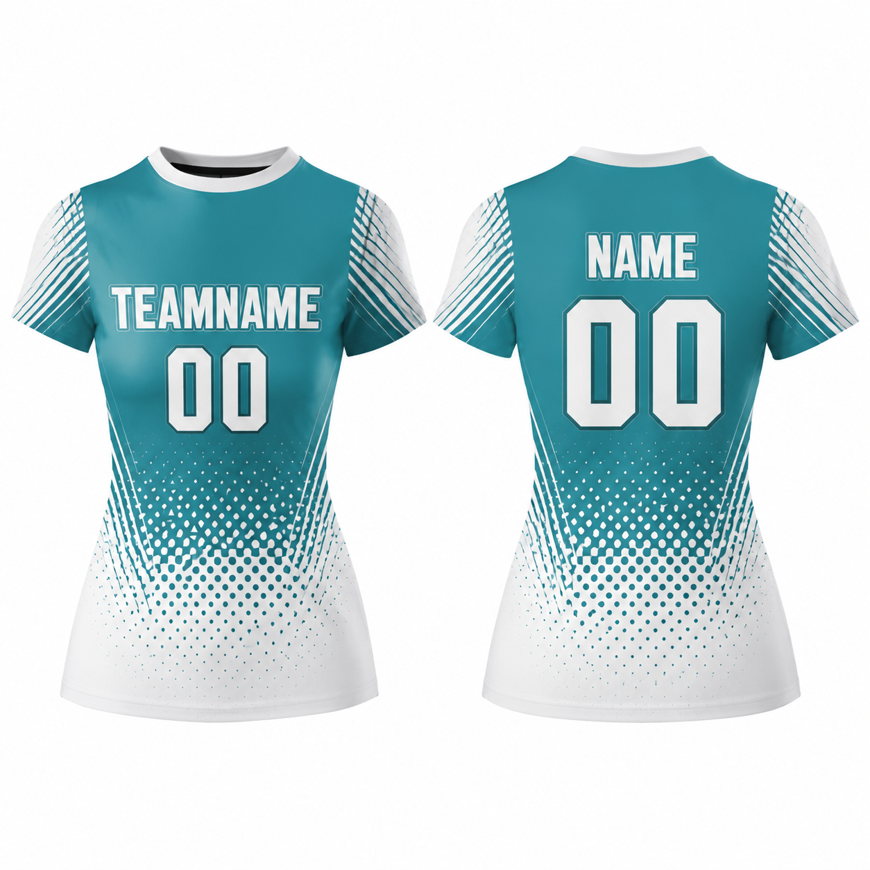 Damen Sporttrikot mit Dreiecksmuster in Teal und Weiß - Kurzarm, Rundhals, Performance Stoff