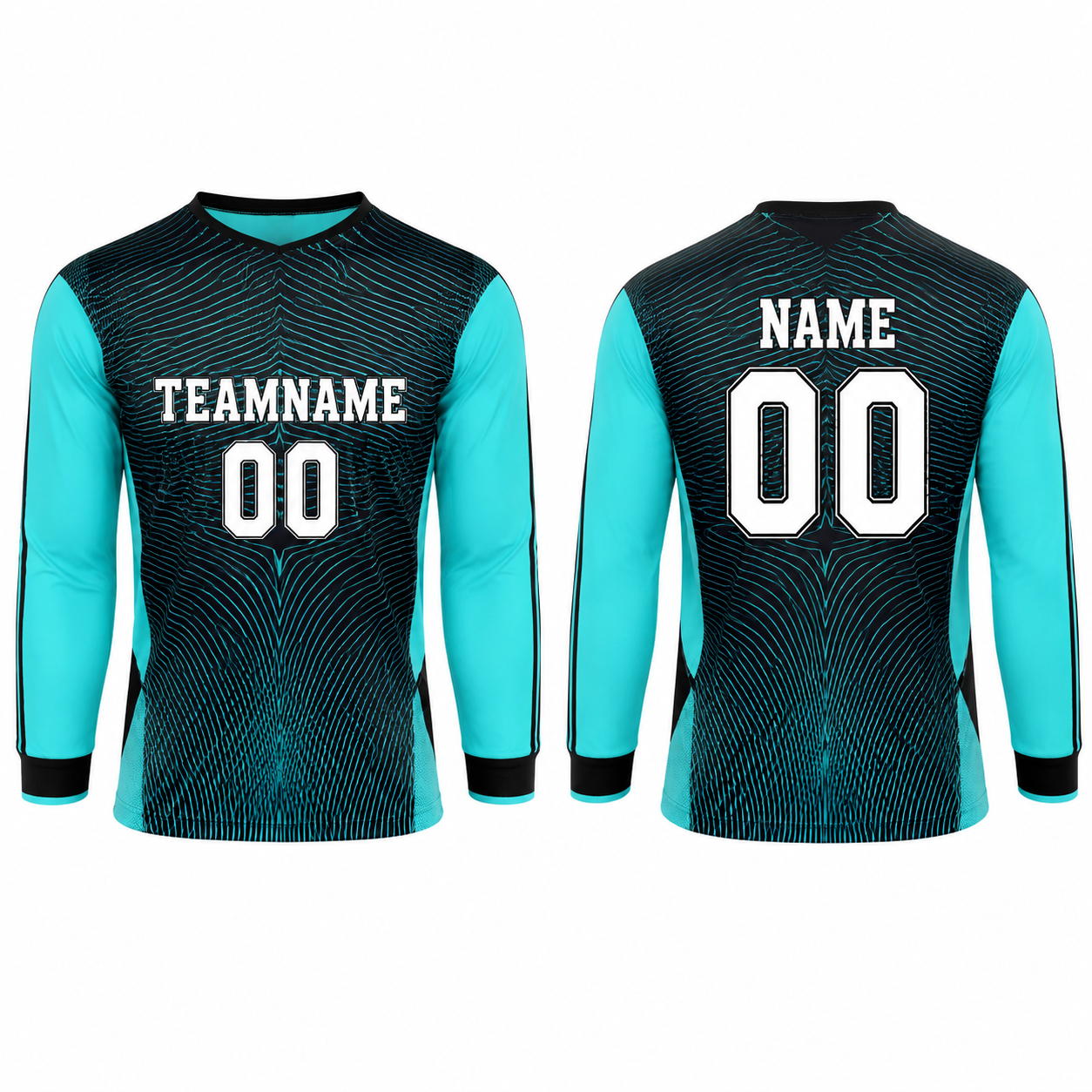 Schwarz-Cyan Langarm Fußball Trikot mit Gradient-Gitter-Design