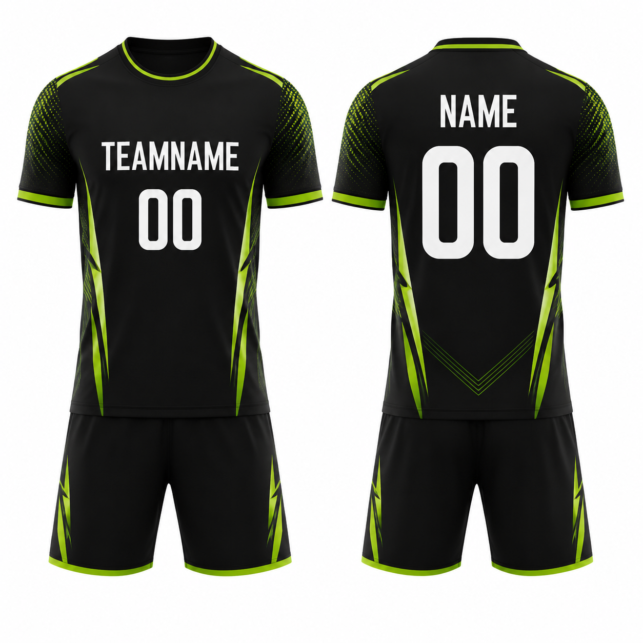 Schwarz-Lime Fußball Trikot Set mit kurzen Ärmeln und kurzer Hose