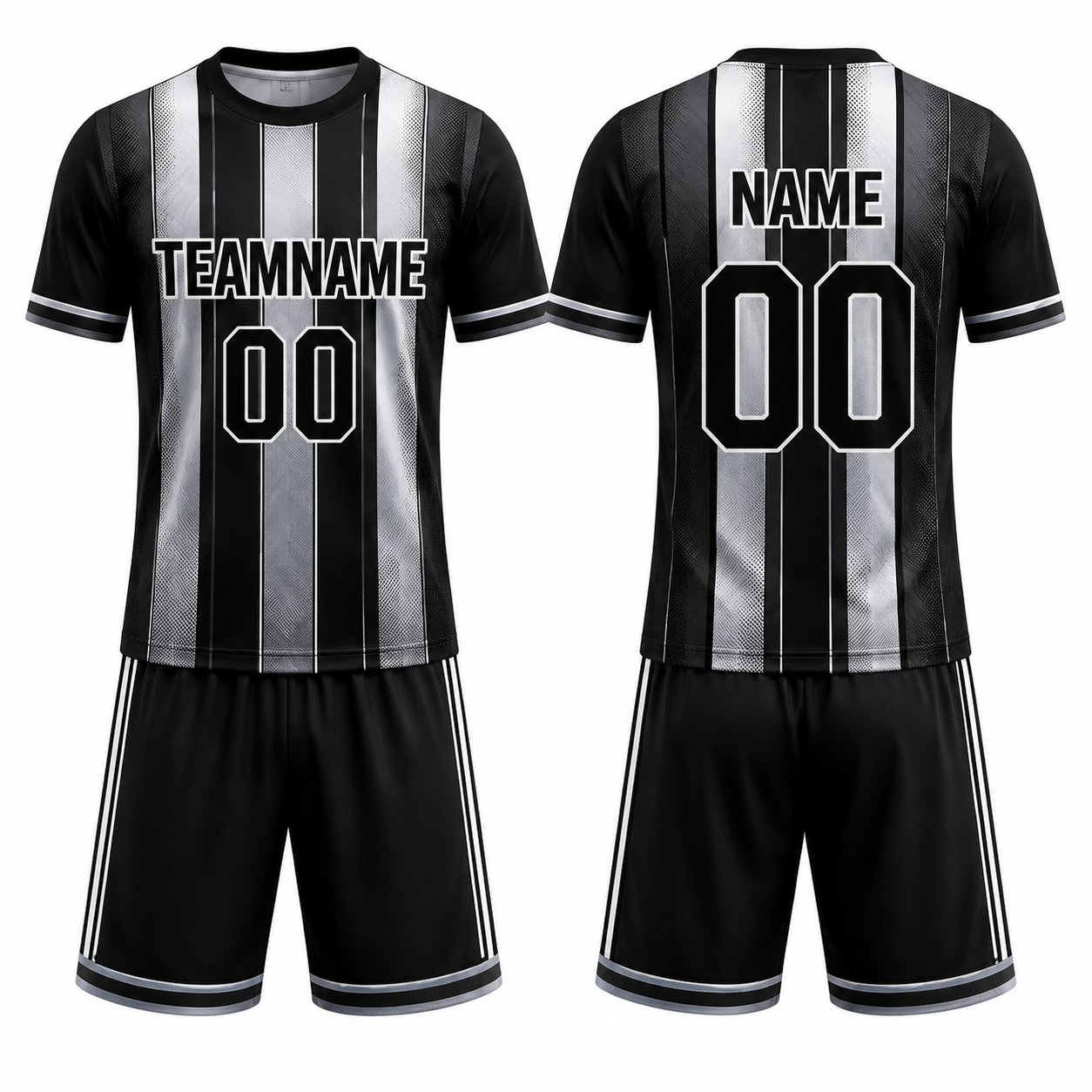 Fußball-Trikot-Set mit vertikalen Streifen Schwarz-Silber, Kurzarm + Shorts
