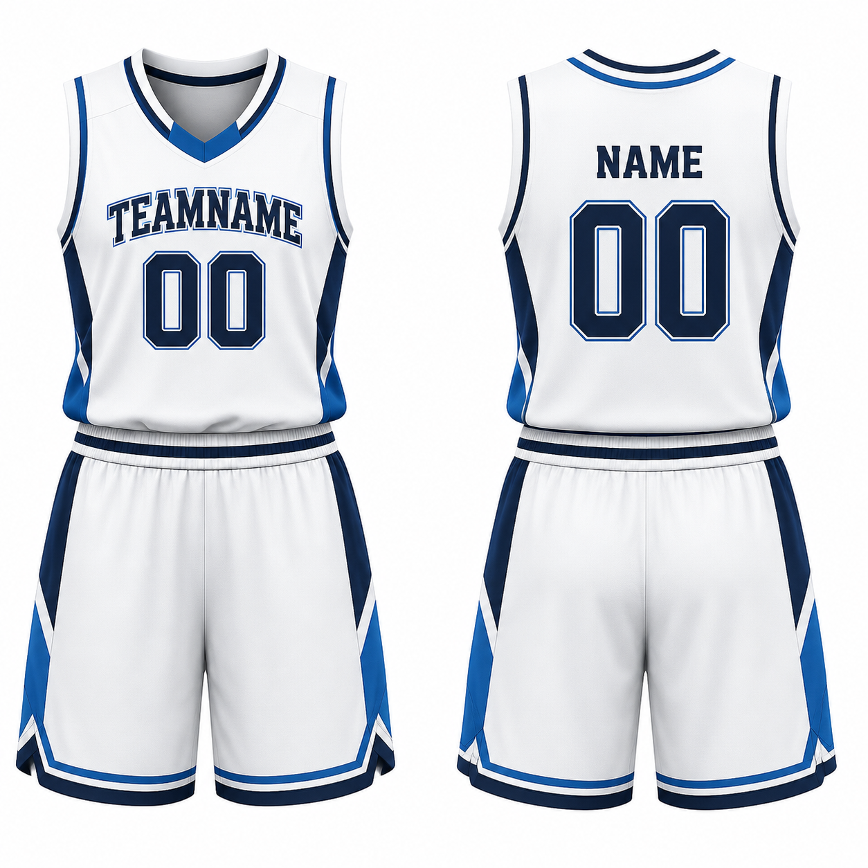 Weiß-Blau Basketball Trikot Set mit V-Ausschnitt und Seitenpanels