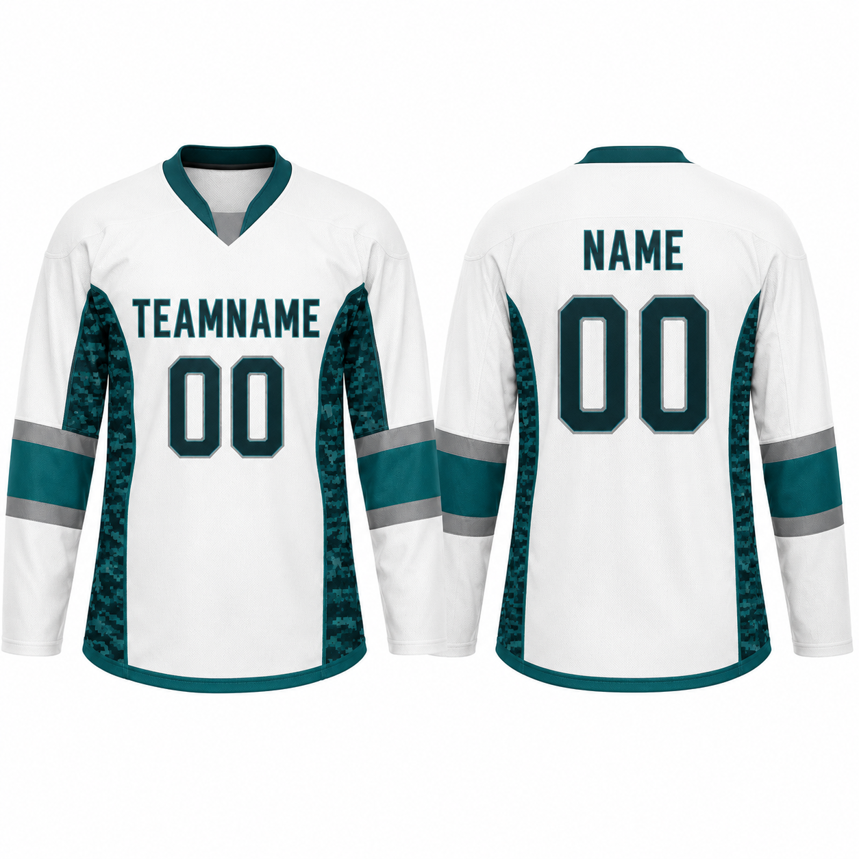 Eishockey-Trikot langarm mit Camouflage-Muster in Weiß und Smaragdgrün Eishockey-Trikot langarm mit Camouflage-Muster in Weiß und Smaragdgrün