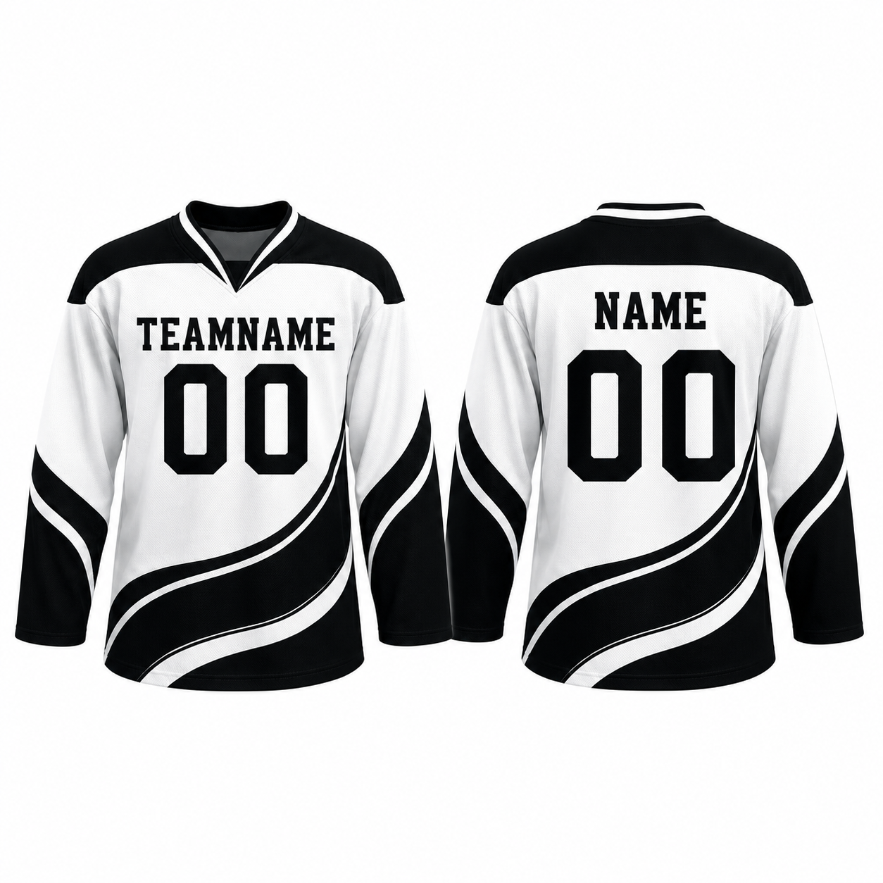 Eishockey-Trikot langarm mit fließenden Linien in Schwarz und Weiß Eishockey-Trikot langarm mit fließenden Linien in Schwarz und Weiß