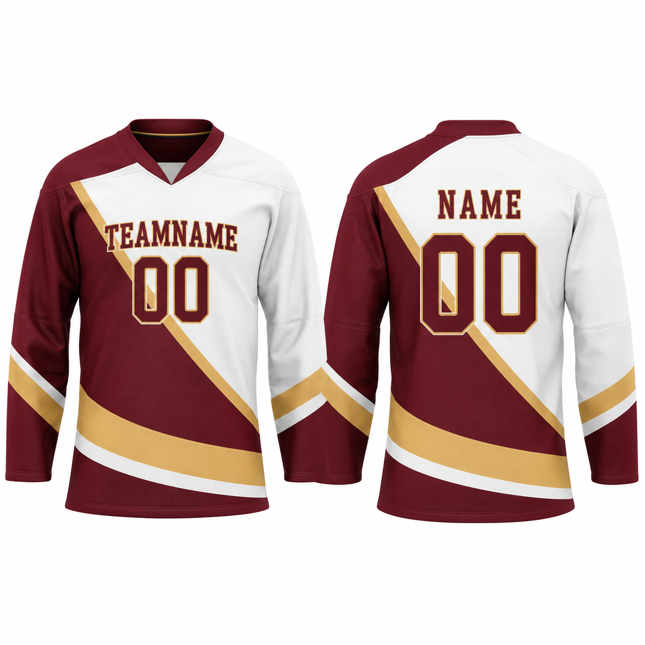 Eishockey-Trikot mit langen Ärmeln in Maroon und Gold mit diagonalem Design
