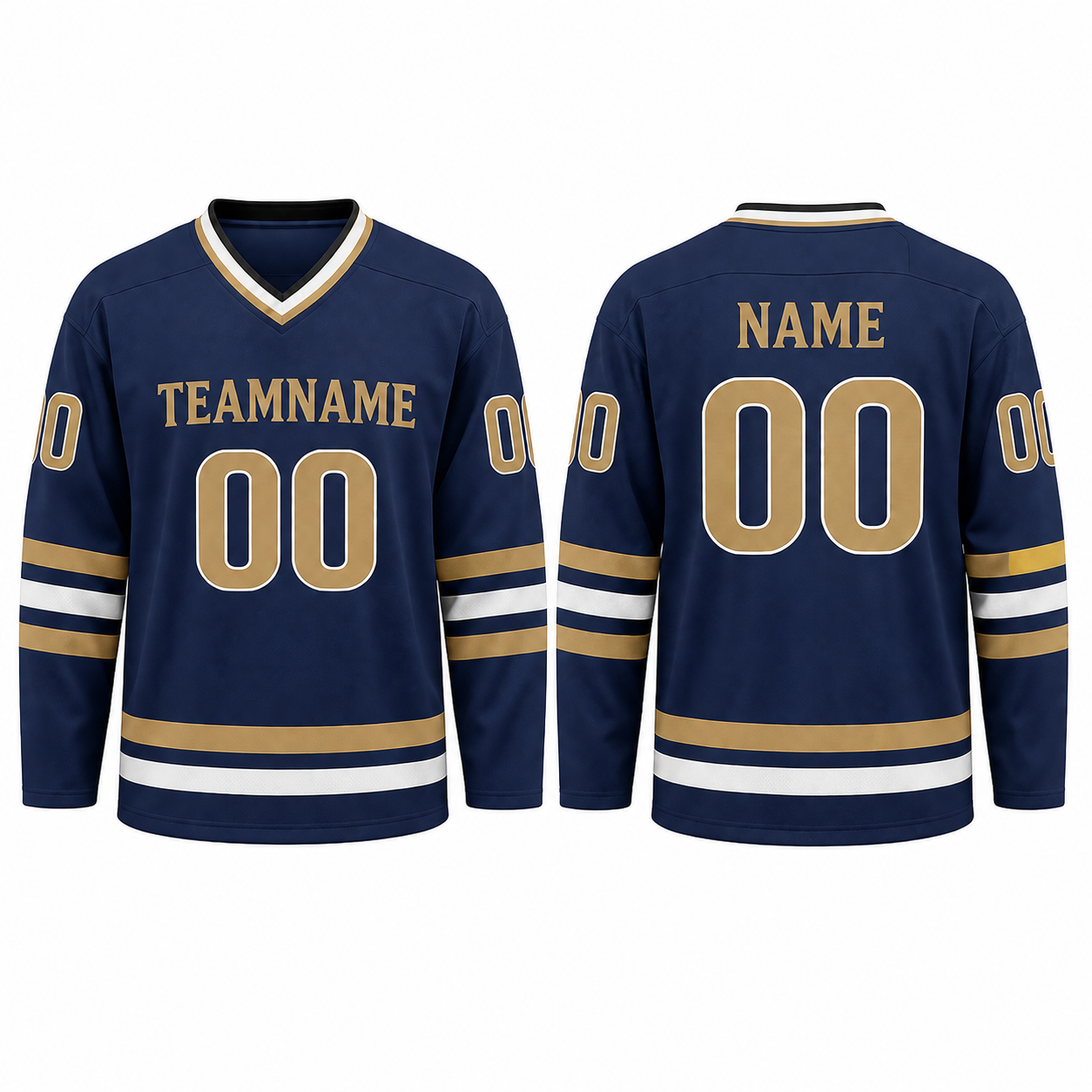 Eishockey Trikot Langarm Gold Navy V-Ausschnitt Lockere Passform Eishockey Trikot Langarm Gold Navy V-Ausschnitt Lockere Passform