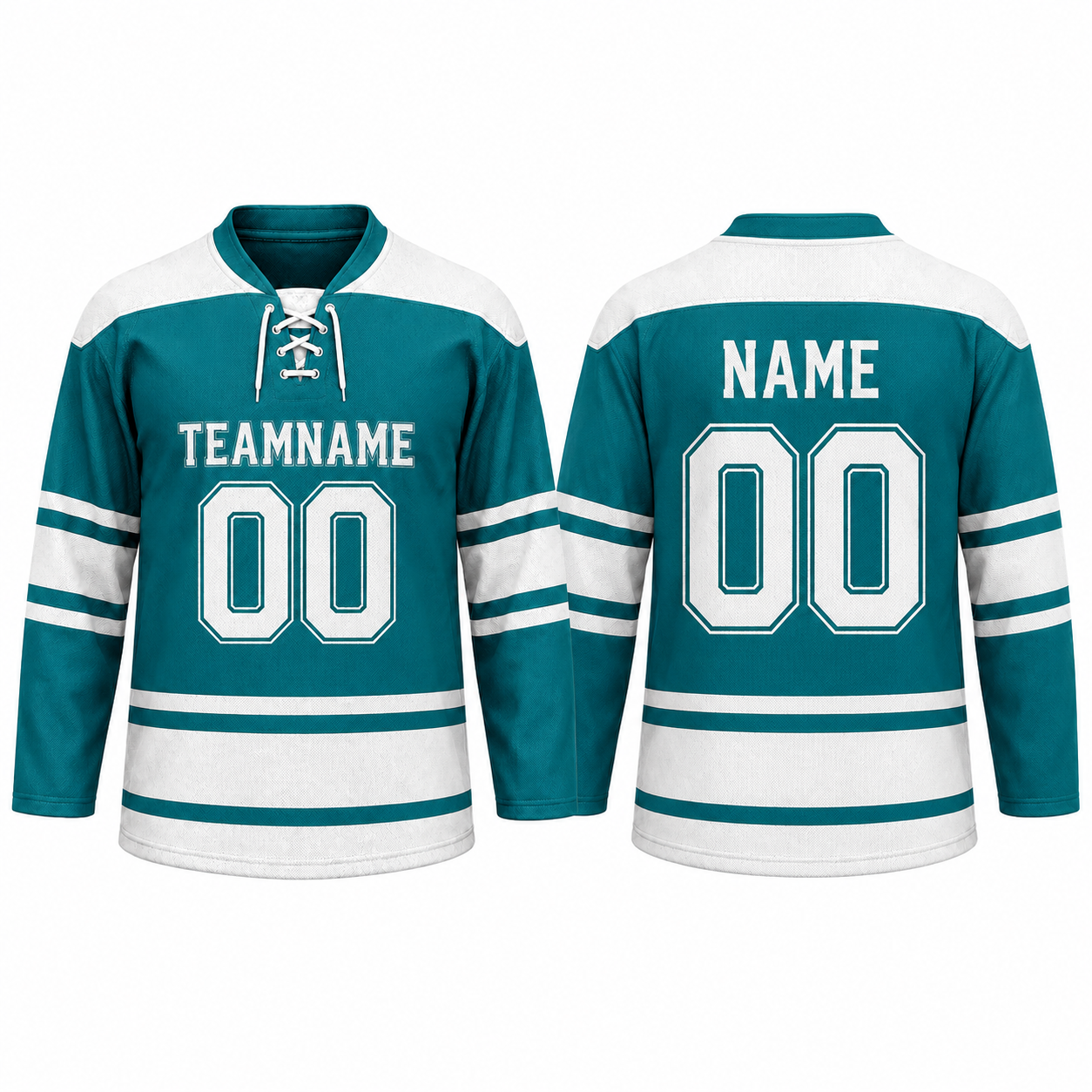 Langarm Eishockey Trikot in Teal und Weiß mit Streifen-Detail Langarm Eishockey Trikot in Teal und Weiß mit Streifen-Detail