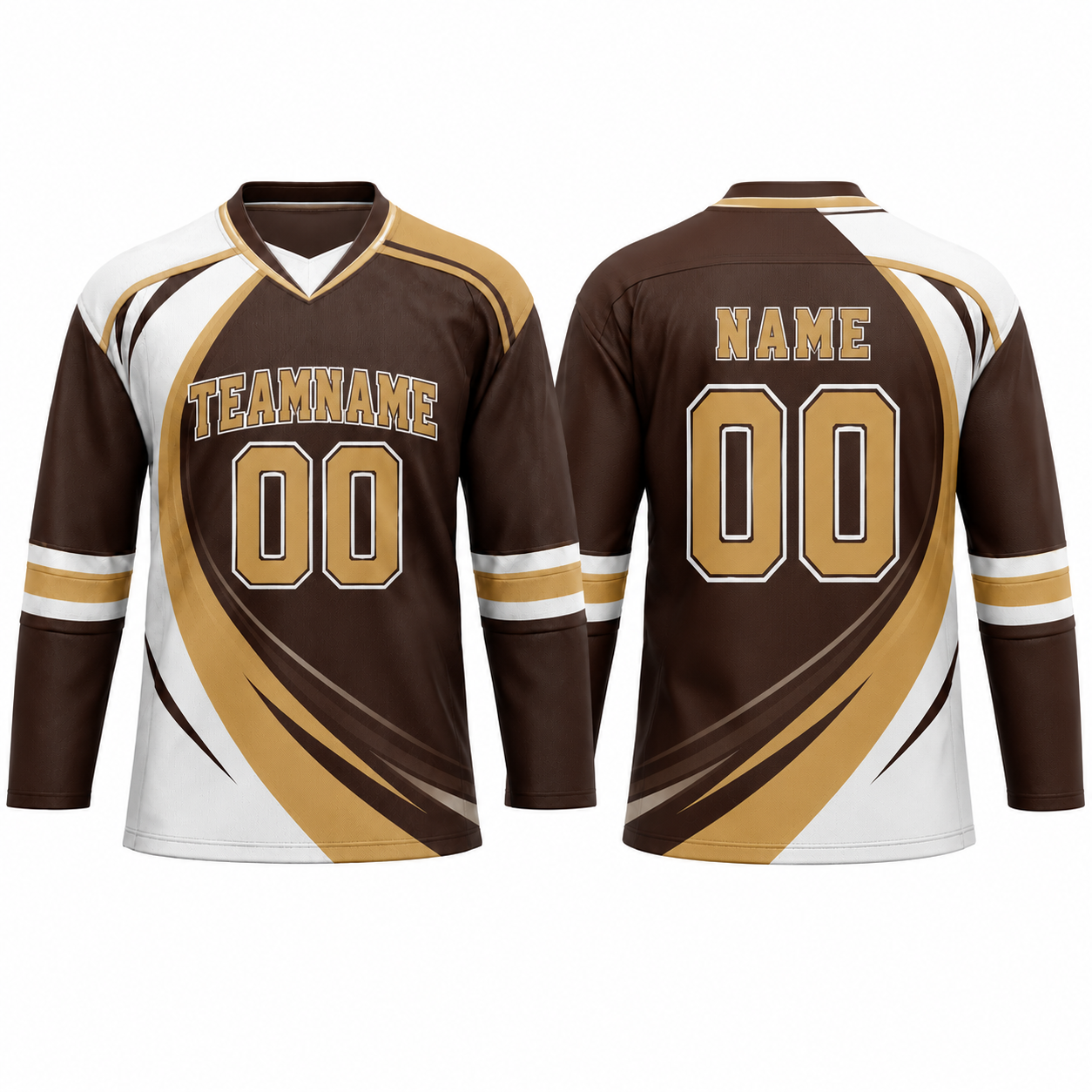 Langarm Eishockey Trikot in Braun und Gold mit Torwart-Emblem Langarm Eishockey Trikot in Braun und Gold mit Torwart-Emblem