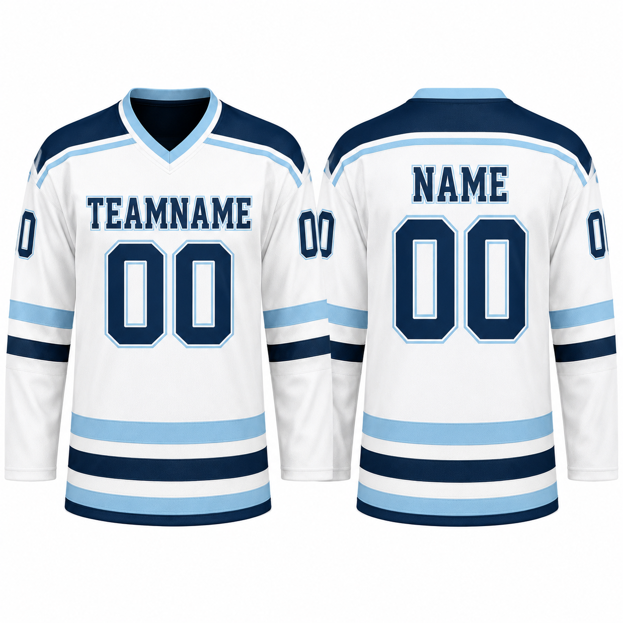 Langarm Eishockey Trikot in Weiß und Himmelblau mit Torwartmasken-Emblem Langarm Eishockey Trikot in Weiß und Himmelblau mit Torwartmasken-Emblem