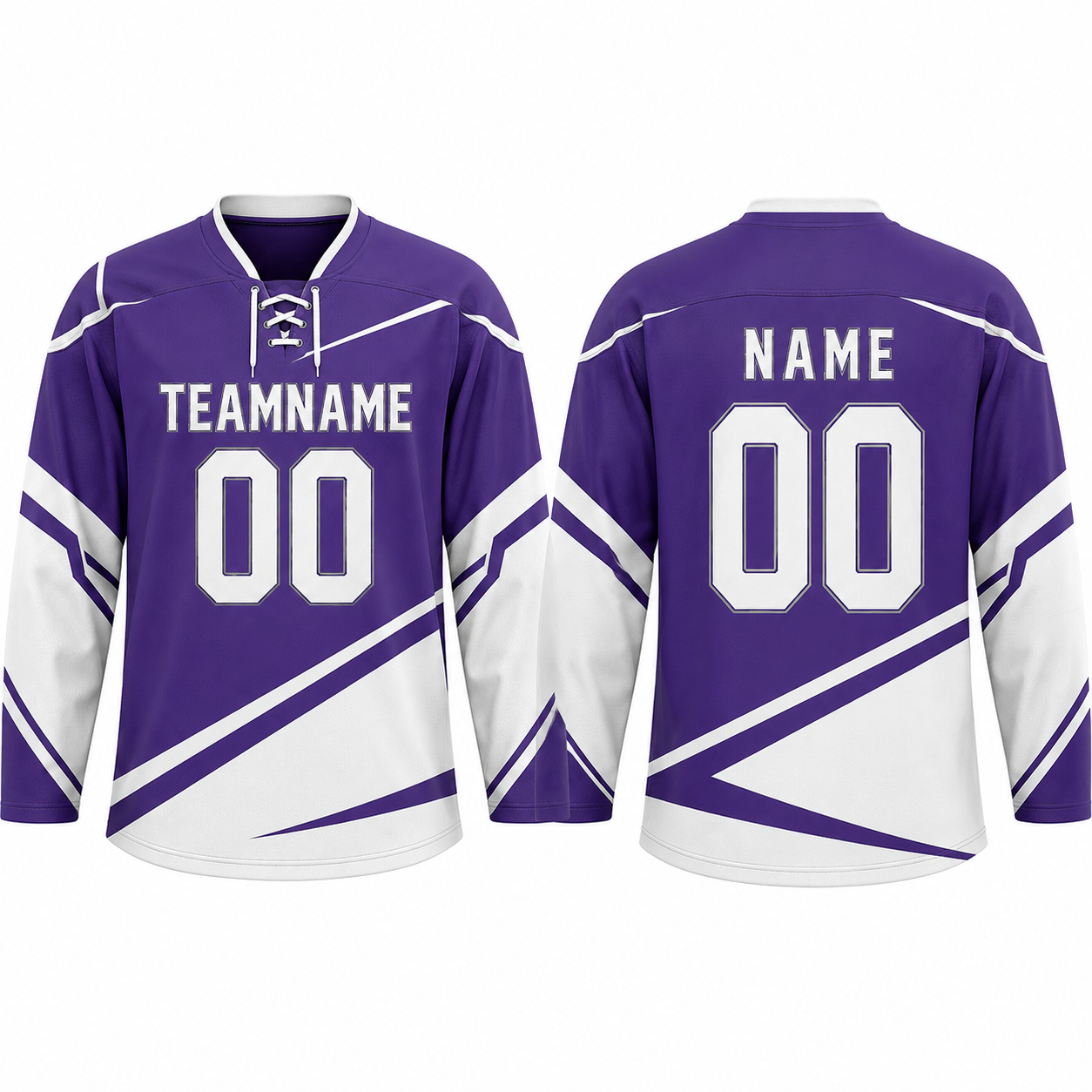 Eishockey-Trikot, Langarm, Lila und Weiß, Geometrisches Design, Lockere Passform Eishockey-Trikot, Langarm, Lila und Weiß, Geometrisches Design, Lockere Passform