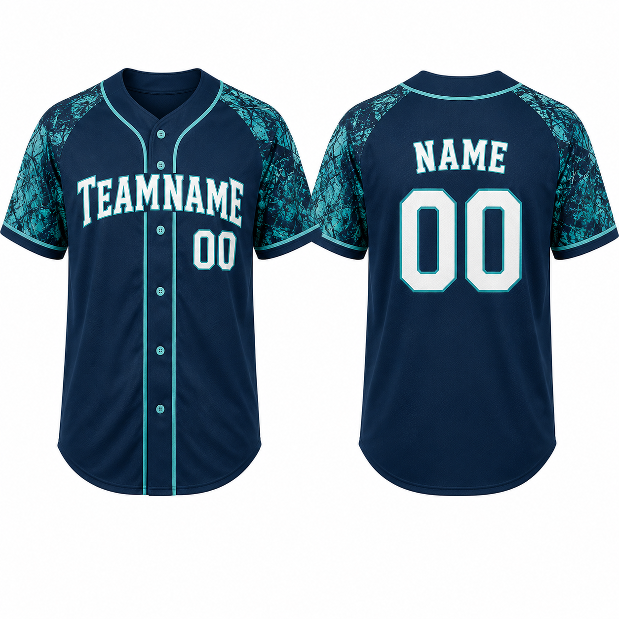 Baseball Trikot in Türkis und Marineblau mit Camo-Ärmeln