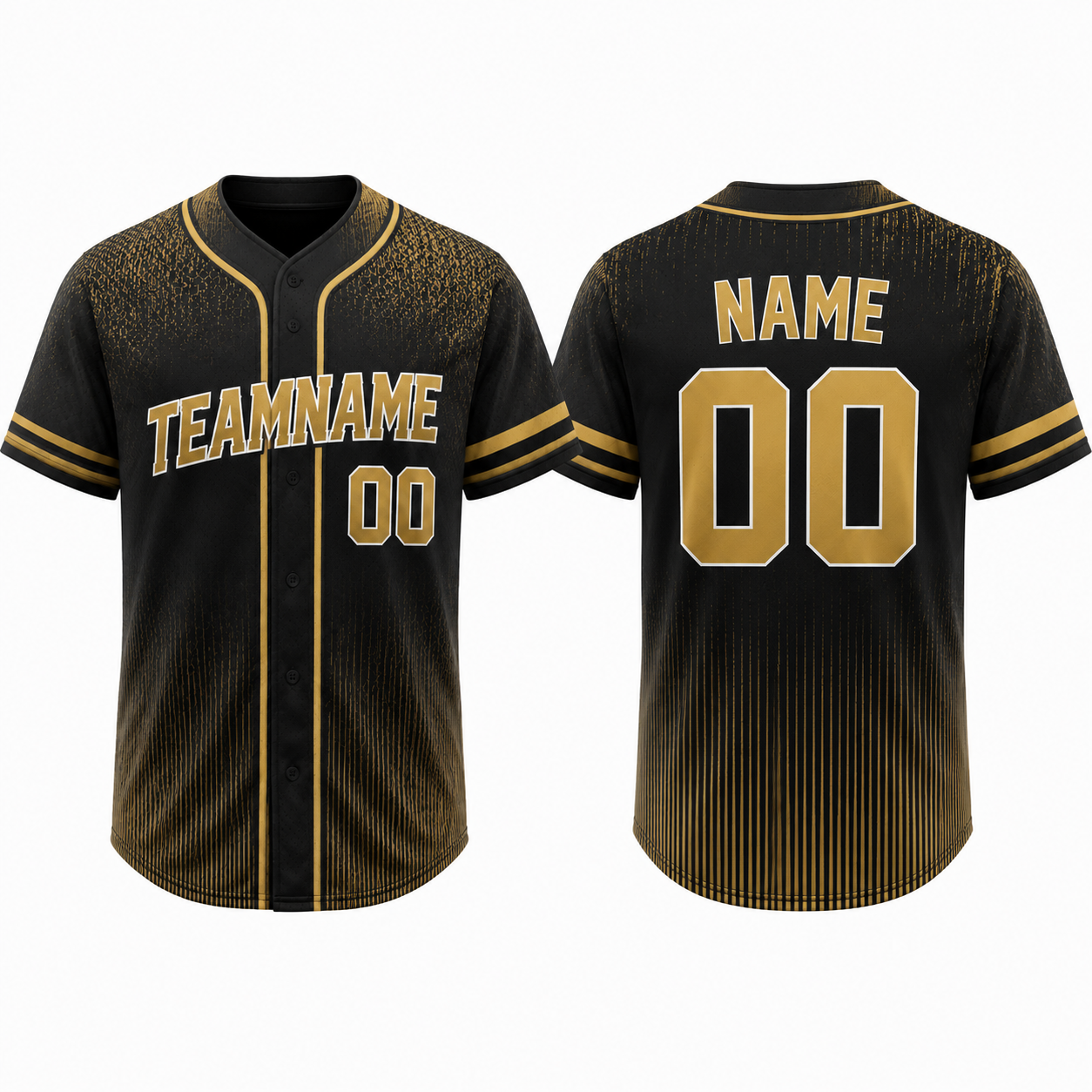 Schwarz-Gold Baseball-Trikot mit Knopfleiste, Kurzarm, V-Ausschnitt