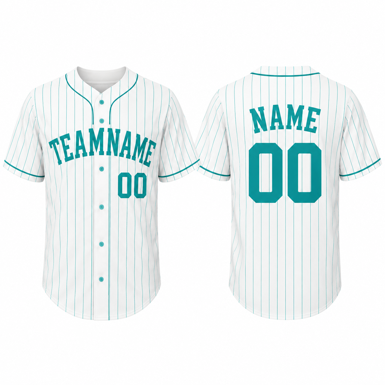 Weißes Baseball-Trikot mit Teal-Streifen, Knopfleiste und V-Ausschnitt