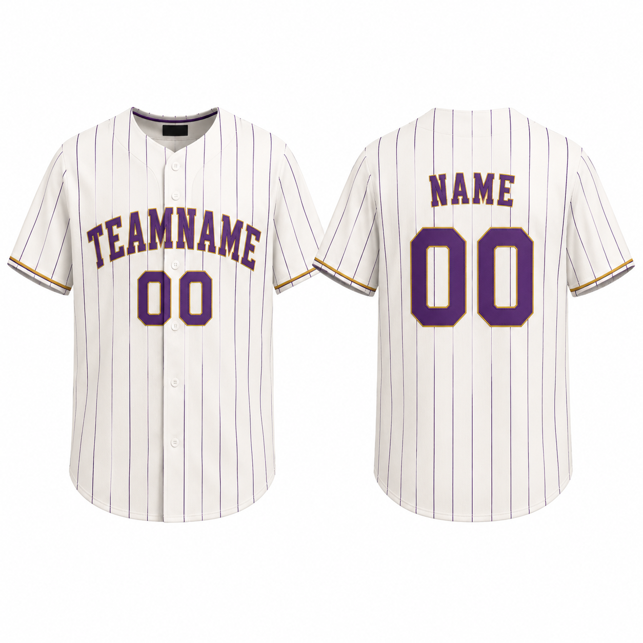 Lila-Gold gestreiftes Baseball Trikot mit V-Ausschnitt und Knopfleiste